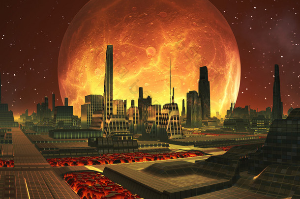 未来城市与满月的熔岩<strong>星球</strong>上