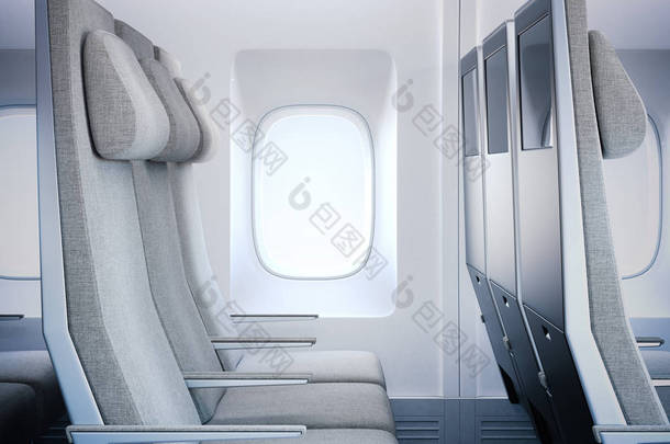 在船舱里的灰色飞机座椅。3d 渲染