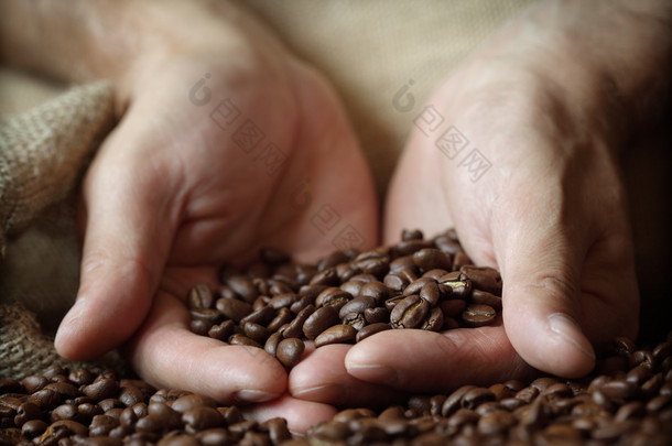手拿着咖啡豆