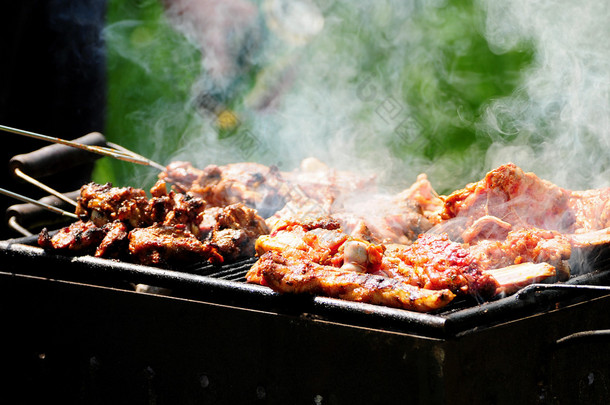 在烹调肉上烧烤，有肉的金属链篦机，closeup.barbecue 的 nature.process forest.shashlik 的烧烤封闭起来在林草