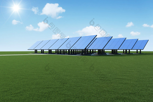 现代在与太阳和云美丽的绿色草地上的太阳能电池板。可替代能源的概念