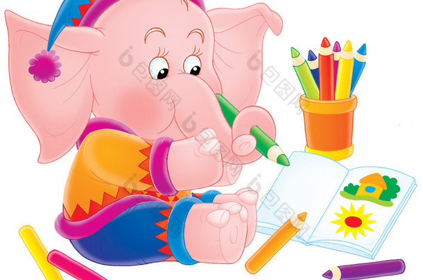 艺术粉红色大象坐在地板上和绘图图片