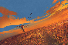 玉米田与稻草人和日落的天空
