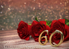 生日概念与红色玫瑰木桌上。第六十届。60.3d 渲染