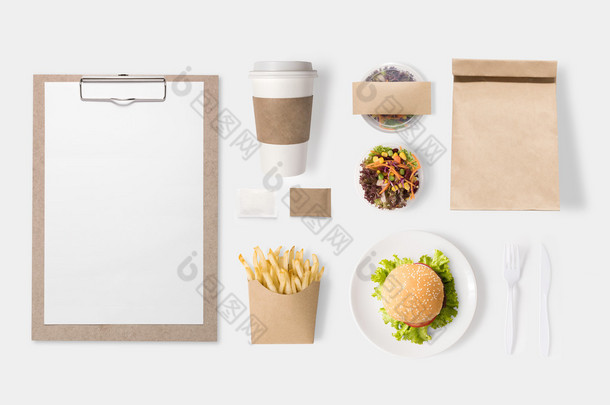 设计概念<strong>样机</strong>汉堡包、 沙拉、 咖啡杯、 法式炸薯条