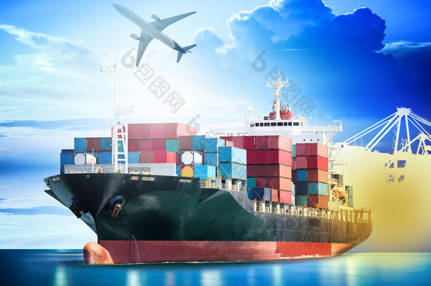 港口起重机桥架在港口和物流的导入导出背景和运输行业的货运飞机集装箱货船.