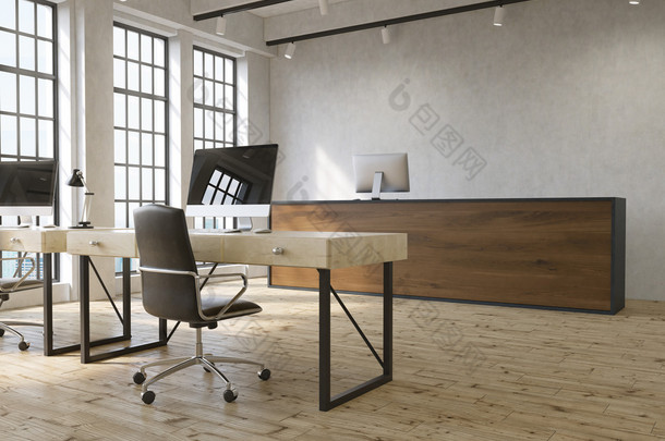 现代办公室<strong>内部</strong>，桌子上有空白的电脑，木制接待台和可欣赏城市景观的窗户。3d 渲染