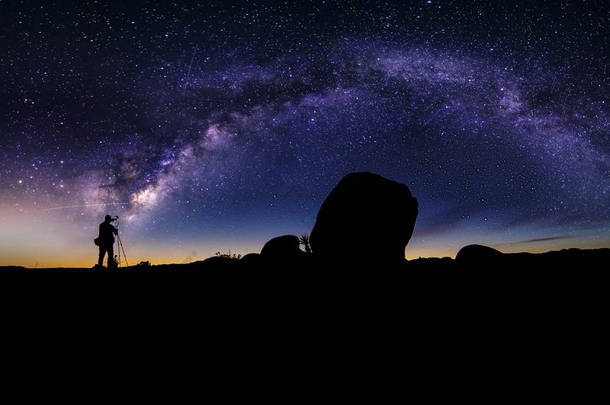 天文<strong>摄影</strong>师在沙漠<strong>景观</strong>与银河系的视图