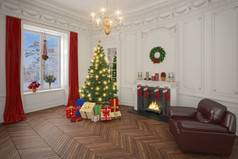 用圣诞树圣诞节装饰的豪华公寓