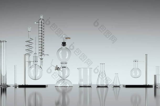 白色背景的玻璃化学实验室设备。3d 渲染