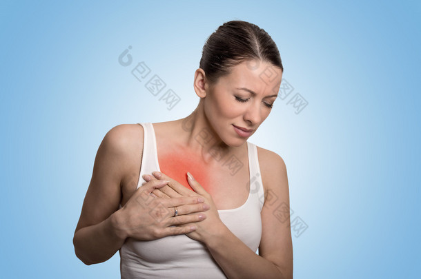 Young woman with chest breast pain colored in red