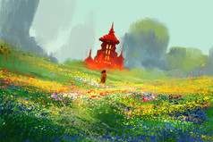 女人在花卉场旁边红色城堡和山