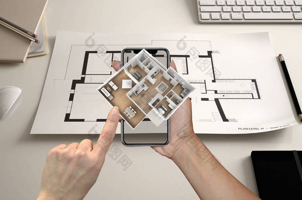 增强的现实概念。手持智能手机与 Ar 应用用于模拟3d 弹出式交互式住宅地图的生活