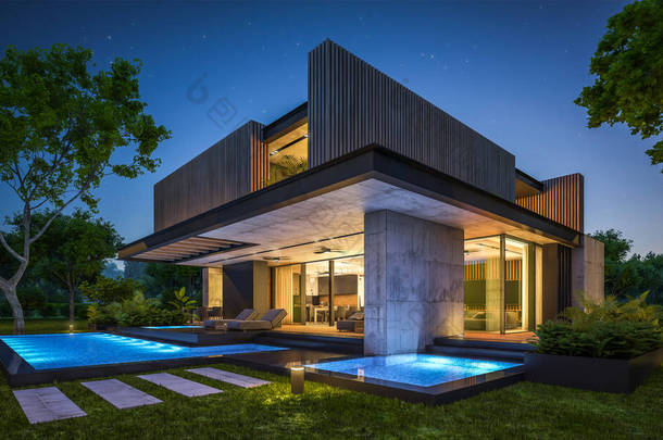 3D展示<strong>现代化</strong>舒适的房子，有停车场和游泳池出售或出租，有木板立面和漂亮的背景景观。晴朗的夏夜，天上有许多星星.