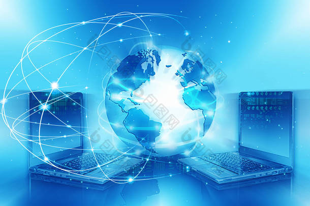 全球商业的最佳互联网概念。环球，发光的线条在技术背景。Wi-Fi 、射线、符号、互联网、 3D插图