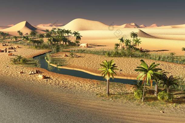 美丽的自然背景-非洲绿洲3D渲染