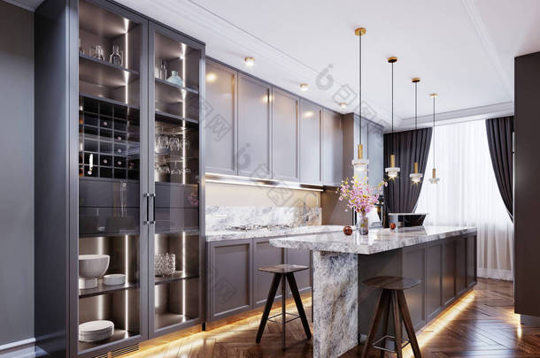 时尚的现代厨房，有灰色的现代家具，一个有吧台和两张椅子的厨房岛，米黄色的墙壁和茶几地板。3D渲染.