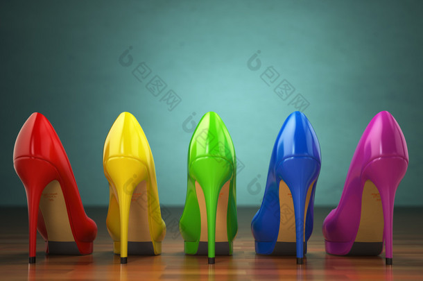 选择不同的颜色的高跟鞋。购物的概念