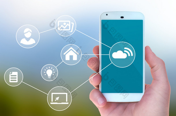 Modern mobile smart phone connected to wireless automation apps 