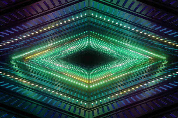 3d 渲染，霓虹灯，绿色隧道，抽象的几何背景