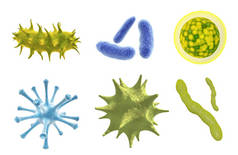 一组病毒、细菌和细菌。收集不同的细胞疾病和微生物。隔离在白色背景上。3d 渲染