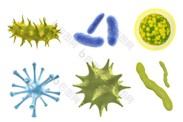 一组病毒、细菌和细菌。收集不同的细胞疾病和微生物。隔离在白色背景上。3d 渲染
