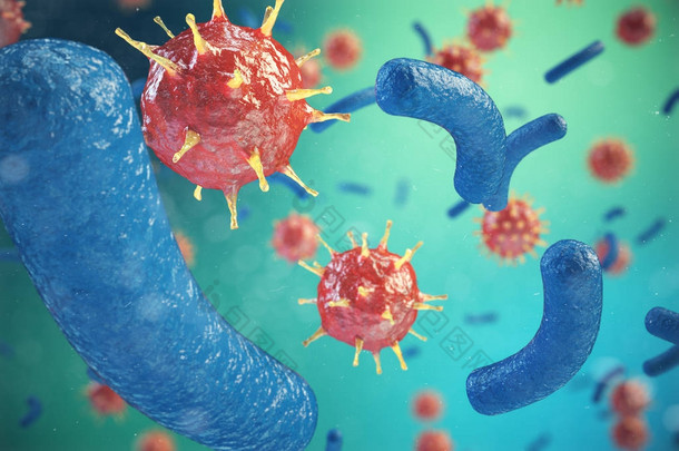 3d 插图, 肝炎, H1n1, Hiv, 流感, 艾滋病病毒的抽象背景。感染机体中的肝炎病毒.