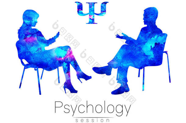 心理学家和客户端。心理治疗。心理治疗<strong>会议</strong>。心理辅导。男人女人坐在说话。剪影。蓝色的配置文件。近代符号标志。设计概念。标志