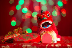 Chinese New Year decorations on red glitter background