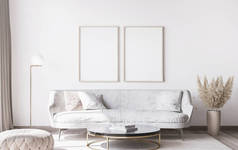 在时尚的白色现代客厅里装镜框，家居装饰