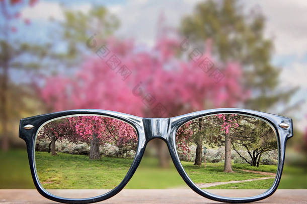 在公园的长凳或桌子上有一个漂亮的粉红色的树在背景的时髦眼镜