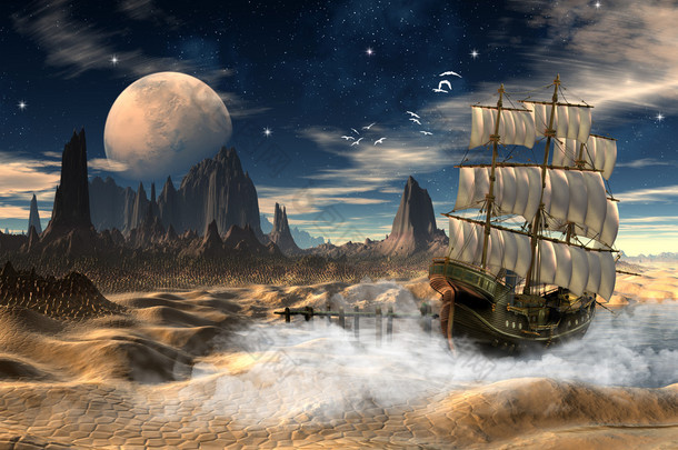 在沙漠中的一艘船的幻想现场