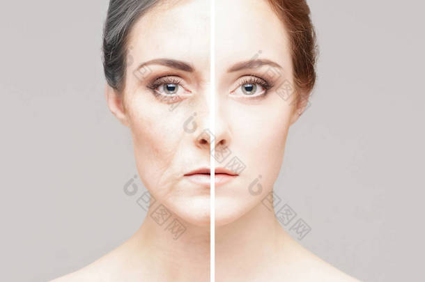 同一老妇人和小女孩的两幅画像的拼贴。面部整容、老化及护肤概念.
