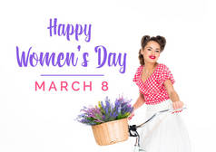 快乐的妇女节贺卡与美丽的别针上的女人在自行车与篮子的花白色隔离