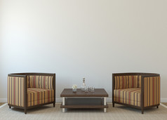 two armchairs near empty white wall