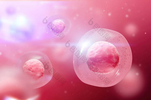 带有原子核的红色细胞的宏。抽象的模糊单元格背景。<strong>医学</strong>、科学、研究和 Dna 研究的概念。3d 渲染模拟