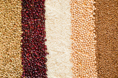 谷物和豆类的背景。顶视图