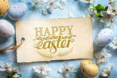 复活节快乐背景;春天的花朵和复活节彩蛋