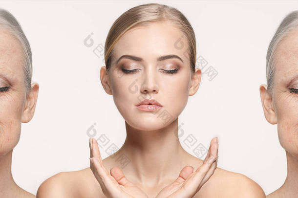 比较.美丽的女人的肖像与问题和清洁皮肤,衰老和青年概念,美容治疗