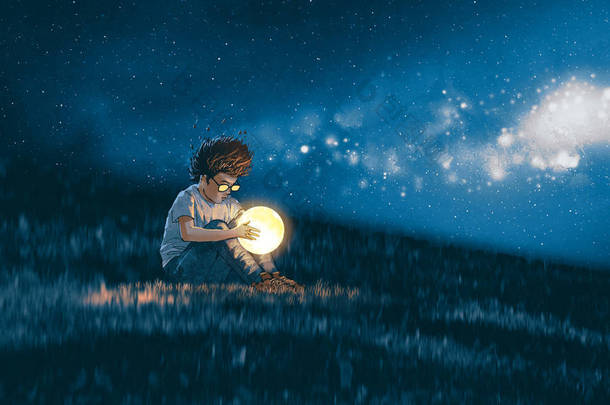 夜晚的场景显示年轻的男孩与一个小月亮在他的<strong>手中</strong>坐在草地上, 数字艺术风格, 插图绘画