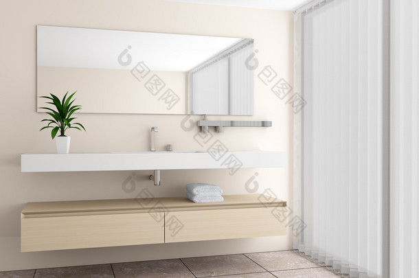 现代浴室配有米色墙