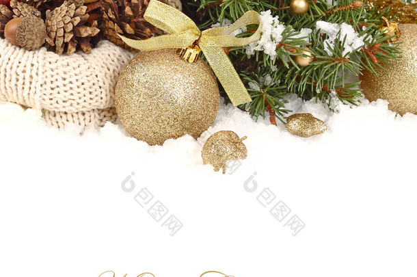 Christmas composition with golden Christmas balls and cones in a knitted sack on branches of a Chris