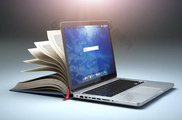 网上图书馆或电子学习的概念。打开笔记本电脑和书 compi