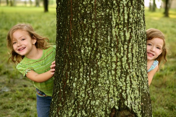 两个双胞胎小女孩玩在树干中