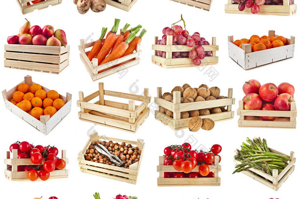 新鲜美味的水果、 蔬菜、 浆果、 坚果在一个木制的板条箱框，孤立在白色背景上的收藏集
