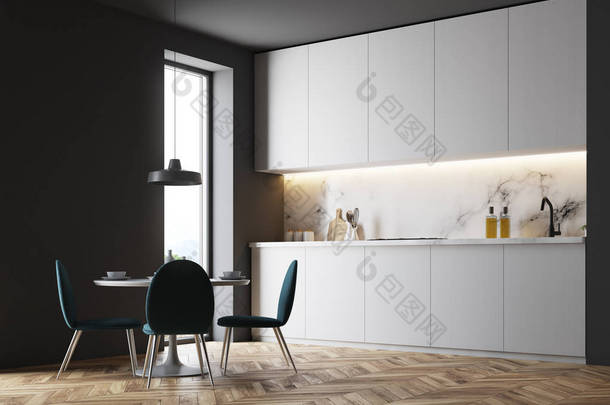 <strong>灰色</strong>厨房角落与白色台面, 一张圆木桌和椅子在它附近站立。挂在上面的天花板灯。3d 渲染模拟