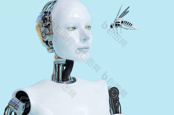 3d 渲染的女机器人看着机器人的蚊子.