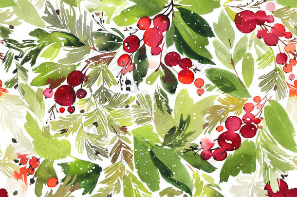 无缝隙水彩画圣诞图案与浆果和<strong>云杉</strong>