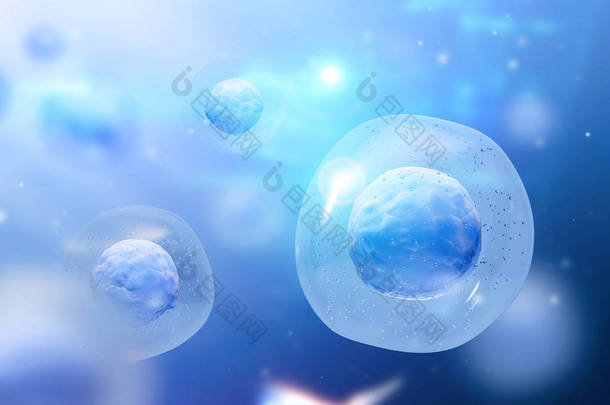 带有原子核的蓝色细胞的宏观。抽象的模糊单元格背景。医学、科学、研究和 Dna 研究的概念。3d 渲染模拟