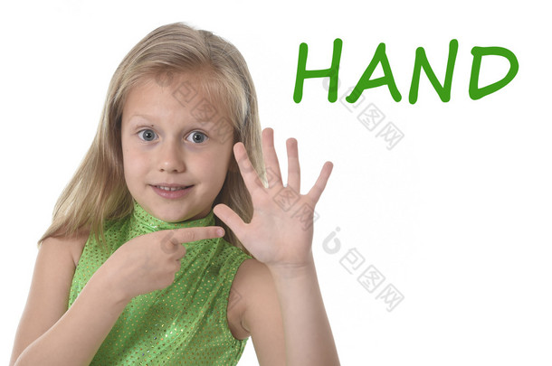 cute little girl pointing her hand in body parts learning English words at school